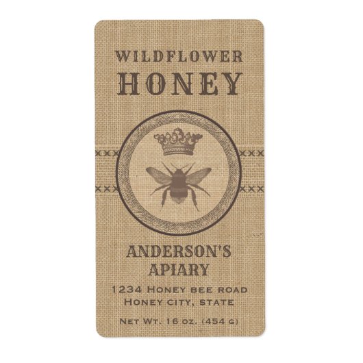 ヴィンテージリネン素朴な女王ミツバチ蜂蜜の瓶ラベル ラベル (正面)