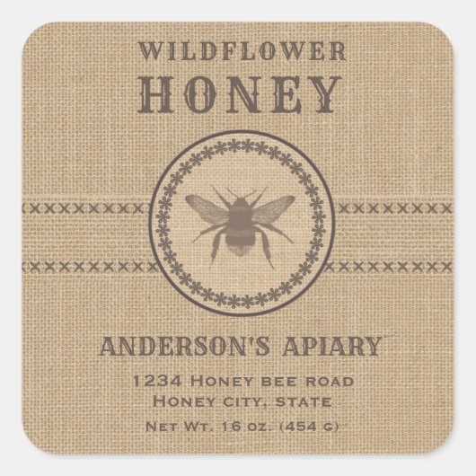 ヴィンテージリネン素朴な蜂の蜜瓶ラベル スクエアシール (正面)