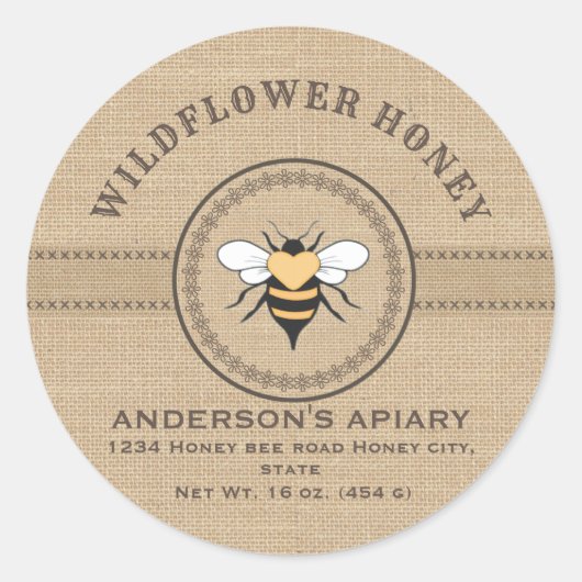 ヴィンテージリネン素朴な蜂の蜜瓶ラベル ラウンドシール (正面)