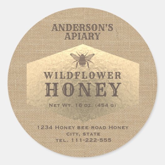 ヴィンテージリネン金ゴールドビー蜂蜜jarラベル ラウンドシール (正面)