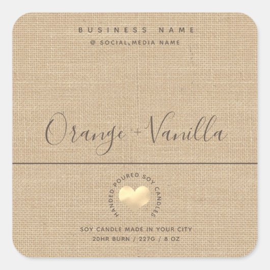 ヴィンテージリネン シンプル ゴールド ハート タイポグラフィー キャンドル スクエアシール (正面)