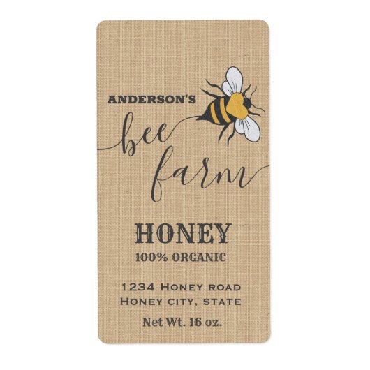 ヴィンテージリネンbeeスクリプトbee farm honey jarラベル ラベル (正面)