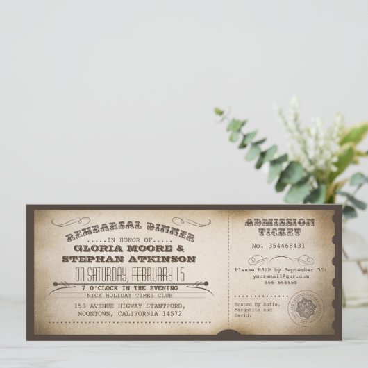 ヴィンテージリハーサルディナーチケットタイポグラフィデザイン 招待状 (スタンド正面)