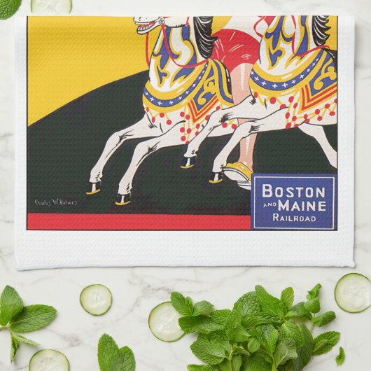 ヴィンテージリバービーチ回転木馬ポスターノスタルジック キッチンタオル (折り畳み)