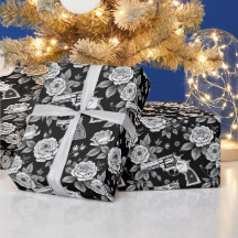 ヴィンテージリボルバフローライラストレーション白黒