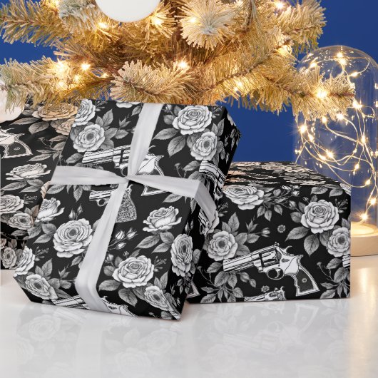 ヴィンテージリボルバフローライラストレーション白黒 ラッピングペーパー (クリスマス)