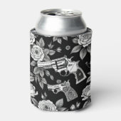 ヴィンテージリボルバーブラック&ホワイトフローライラストレーション 缶クーラー (缶正面)
