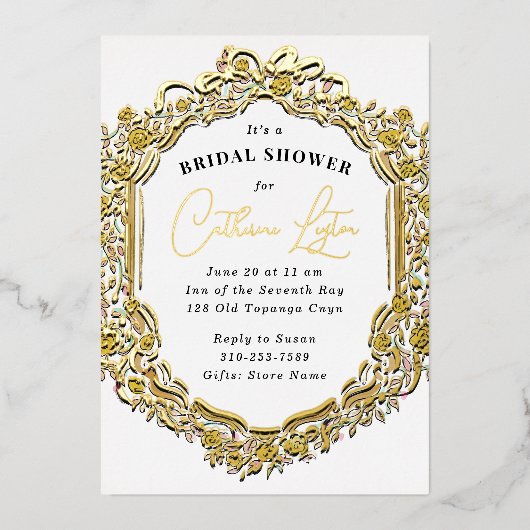 ヴィンテージリボンイエローローズブライダルシャワー 箔招待状 (正面)