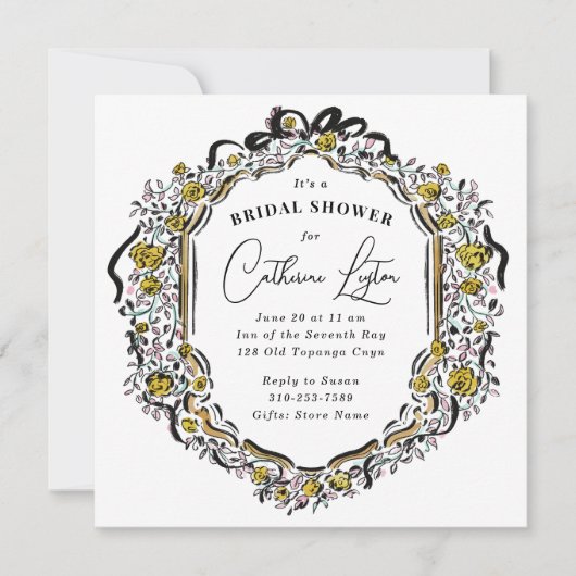 ヴィンテージリボンブラックイエローローズブライダルシャワー 招待状 (正面)