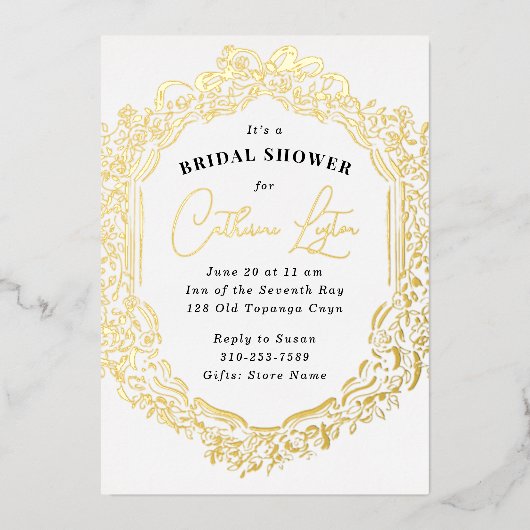 ヴィンテージリボン金ゴールドブライダルシャワー 箔招待状 (正面)