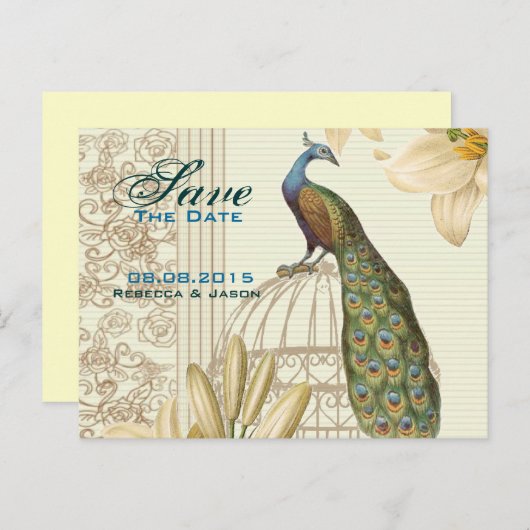 ヴィンテージリリーフローラ孔雀の結婚式は日付を保存 案内ポストカード (正面/裏面)