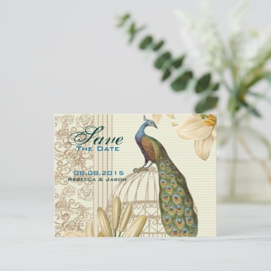 ヴィンテージリリーフローラ孔雀の結婚式は日付を保存 案内ポストカード (スタンド正面)