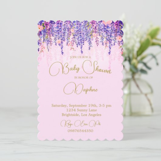 ヴィンテージリージェンシーベビーシャワーラベンダーフラワー 招待状 (スタンド正面)