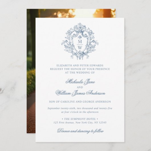 ヴィンテージリージェンシーモノグラムクレストフォト結婚ズ 招待状 (正面/裏面)