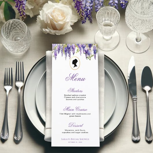 ヴィンテージリージェンシーレディーパープルウィステリアブライダルシャワー メニュー