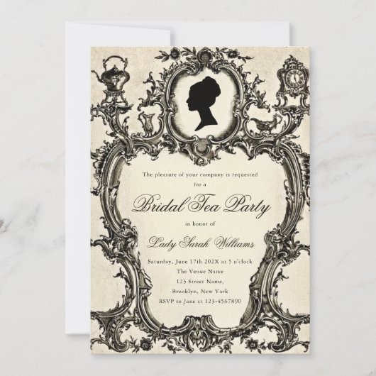 ヴィンテージリージェンシーロココブライダルシャワーティーパーティー 招待状 (正面)
