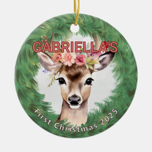 ヴィンテージリースと鹿フローラ セラミックオーナメント (正面)