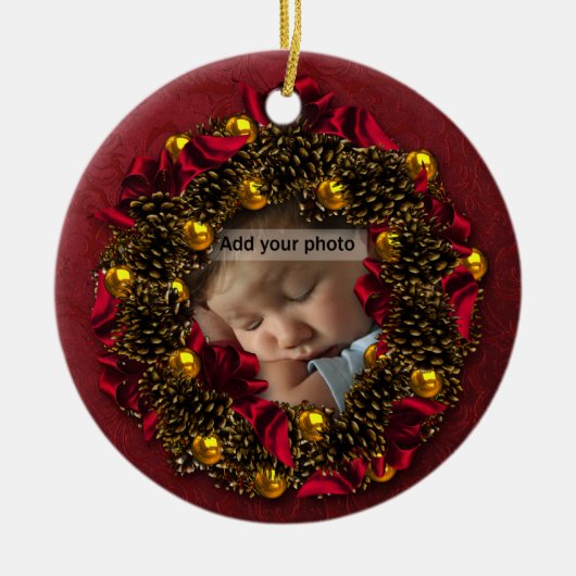 ヴィンテージリース写真クリスマスオーナメント セラミックオーナメント (正面)