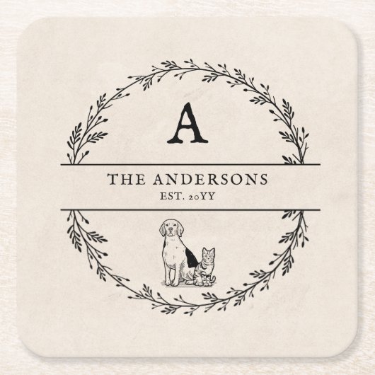 ヴィンテージリース新着ギフトパーソナライズされたモノグラム スクエアペーパーコースター (正面)