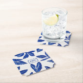 ヴィンテージリーフとカップルのモノグラム – 青と白 ペーパーコースター (インサイチュ)