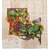 ヴィンテージルイジアナ地図ケージャンクロフィッシュアンドアリゲーター シャワーカーテン (正面)