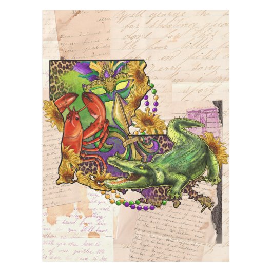 ヴィンテージルイジアナ地図ケージャンクロフィッシュアンドアリゲーター テーブルクロス (正面)