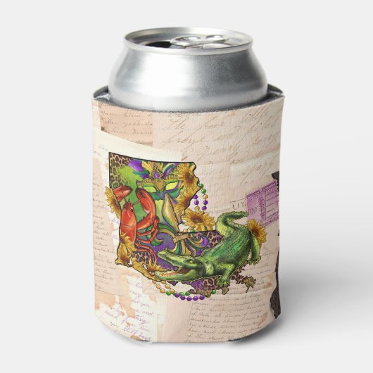 ヴィンテージルイジアナ地図ケージャンクロフィッシュアンドアリゲーター 缶クーラー (缶正面)