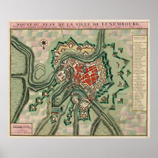 ヴィンテージルクセンブルク市の地図(1744) ポスター (正面)