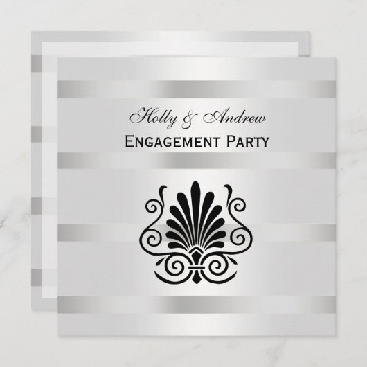 ヴィンテージルックアールデコプルームBlk Wht SQ婚約 招待状 (正面/裏面)