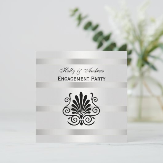 ヴィンテージルックアールデコプルームBlk Wht SQ婚約 招待状 (スタンド正面)