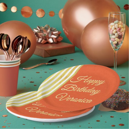 ヴィンテージルックオレンジと金ゴールドパーソナライズ誕生日 ペーパープレート (複数)