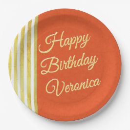 ヴィンテージルックオレンジと金ゴールドパーソナライズ誕生日 ペーパープレート