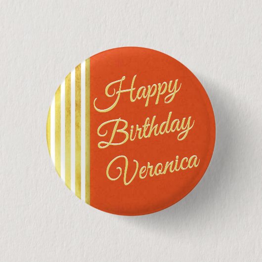 ヴィンテージルックオレンジと金ゴールドパーソナライズ誕生日 缶バッジ (正面)