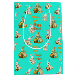 ヴィンテージルックカスタムーのパーソナライズ復活祭バニーかわいい ミディアムペーパーバッグ