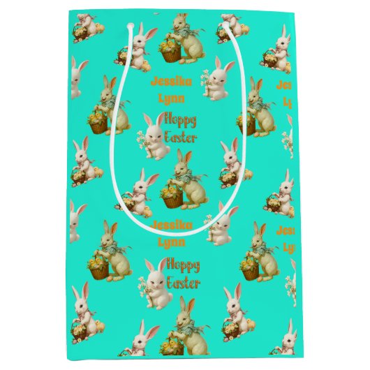 ヴィンテージルックカスタムーのパーソナライズ復活祭バニーかわいい ミディアムペーパーバッグ (正面)