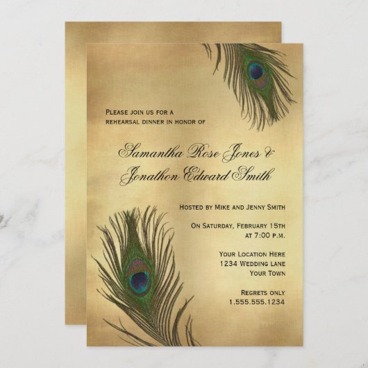 ヴィンテージルックピーコック羽リハーサルディナー 招待状 (正面/裏面)