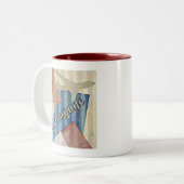 ヴィンテージルックベージュレッド&ブルー抽象芸術ボンボジョージュ ツートーンマグカップ (正面左)