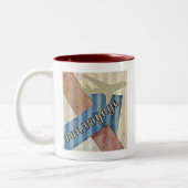 ヴィンテージルックベージュレッド&ブルー抽象芸術ボンボジョージュ ツートーンマグカップ (左)