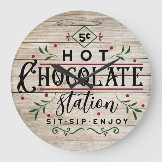 ヴィンテージルックホットチョコレートステーション木製ルック ラージ壁時計 (正面)