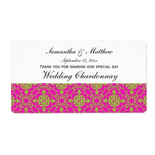 ヴィンテージルックライムホットピンクダマスク#2ワインラベル ラベル (正面)