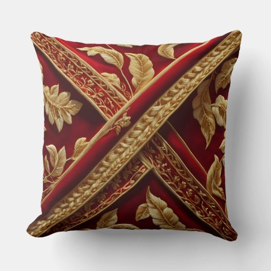 ヴィンテージルック刺繍赤金ゴールド模様 クッション (正面)