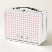 ヴィンテージルック名前をカスタムするとピンクギンガム メタルランチボックス (正面)