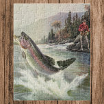 ヴィンテージレインボーマス魚、フィッシャーマン魚釣り ジグソーパズル<br><div class="desc">ヴィンテージイラストレーションスポーツデザインは川の漁師魚釣りを特集。ニジマスが水から飛び出している。</div>