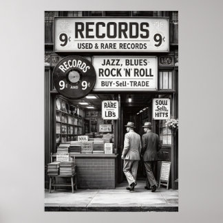 ヴィンテージレコードストアポスター、モノクロ音楽 ポスター