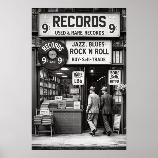 ヴィンテージレコードストアポスター、モノクロ音楽 ポスター (正面)