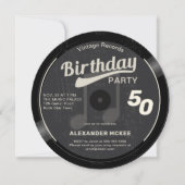 ヴィンテージレコード白黒70年代50誕生日 招待状 (正面)