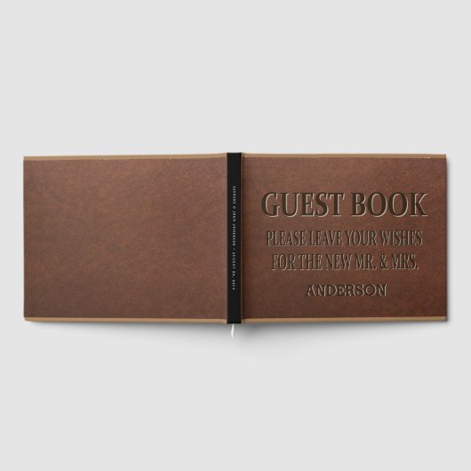 ヴィンテージレザーのテクスチャが刻まれた結婚スクリプト ゲストブック (全面)