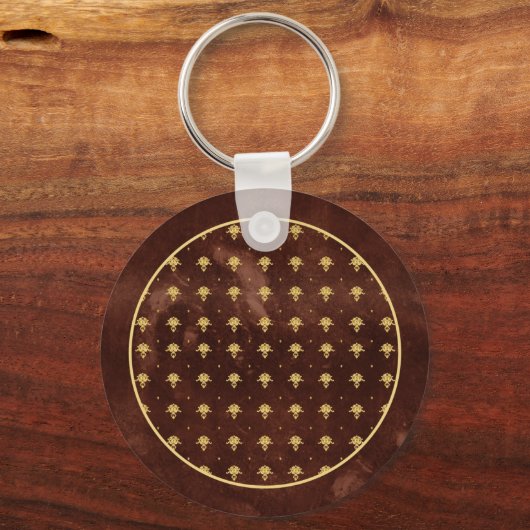 ヴィンテージレザーブラウンと金ゴールドダマスクパターン キーホルダー (正面)