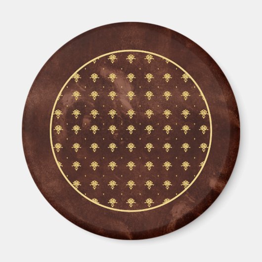 ヴィンテージレザーブラウンと金ゴールドダマスクパターン マグネット (正面)