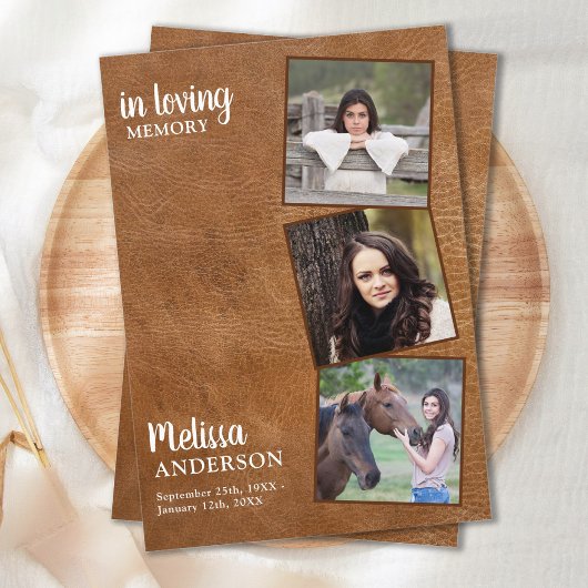 ヴィンテージレザー記念悔やみや弔慰3写真葬儀 サンキューカード